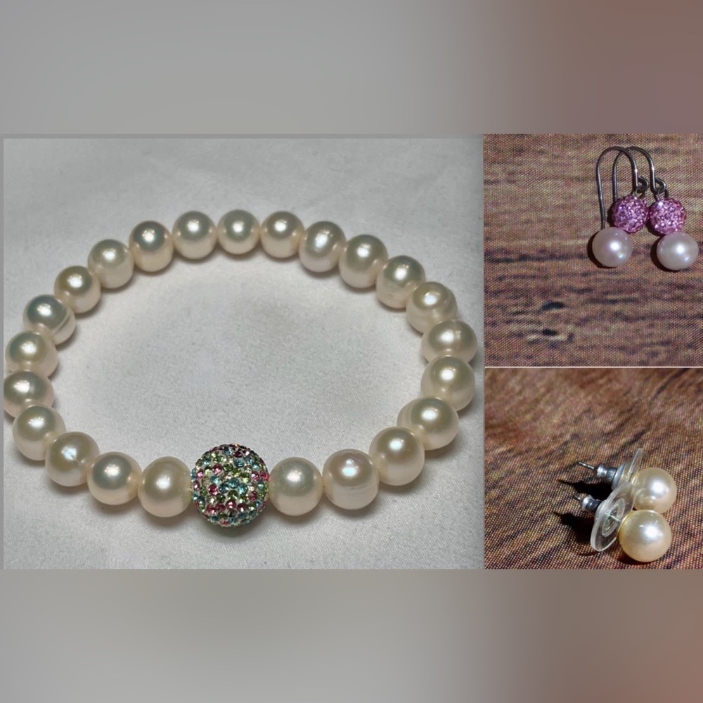 PEARL BRACELET WHITE LARGE FRESHWATER ROUND & 2 PRS FREE COORDINATING EARRINGS